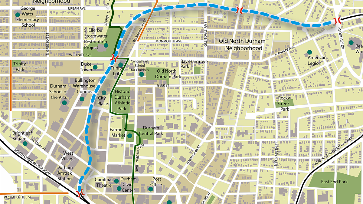 The Durham Rail Trail will follow an old railroad line 1.8 miles from West Village through neighborhoods north of downtown.