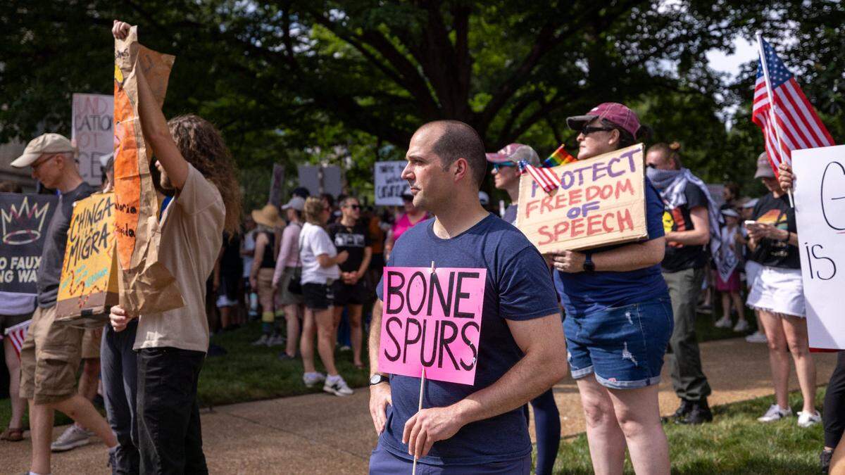 Hundreds of demonstrators rally at the North Carolina State Capitol on Saturday, June 14, 2025. The event was one of dozens held across the state and hundreds nationwide during what organizers called a nationwide day of defiance against the Trump administration.