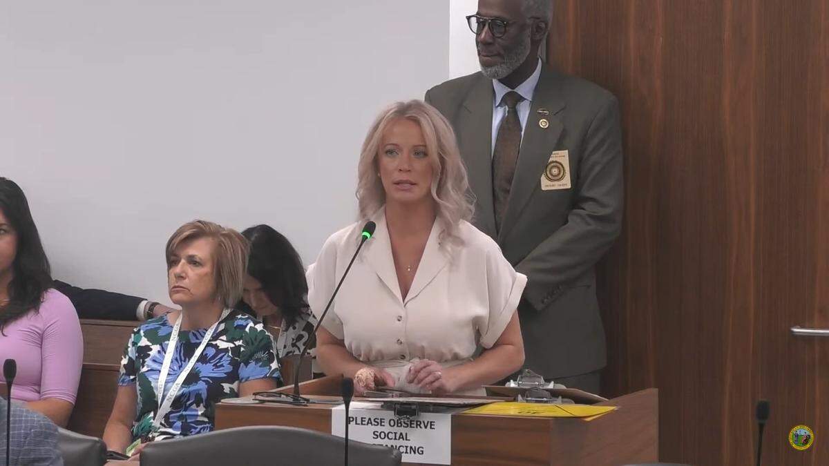 Leah McGhee speaks at the N.C. Senate Education Committee meeting in Raleigh on June 5, 2024 in favor of a bill that would require schools to allow high school students to appeal short-term suspensions of five or more days.