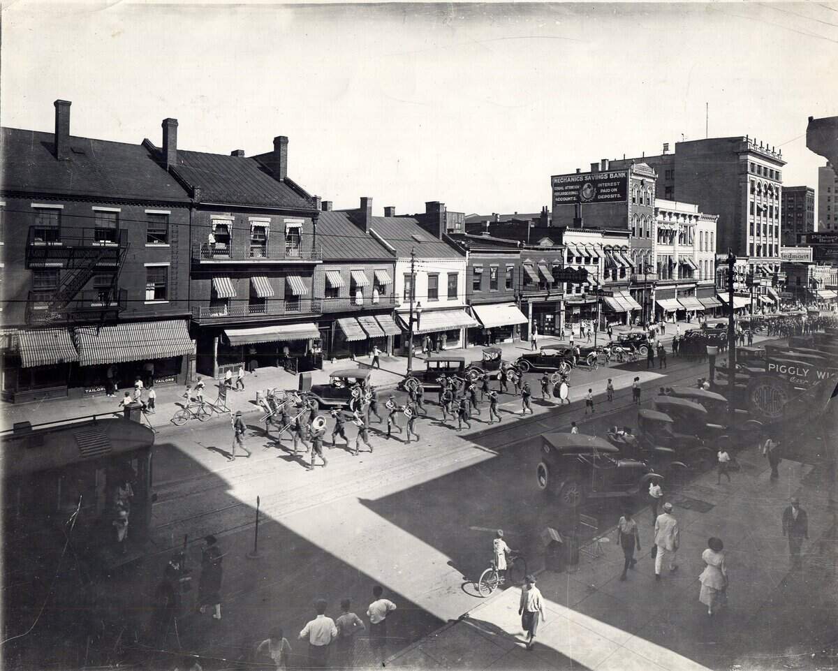 The 120th Infantry Band parades down Fayetteville Street in the 1920’s.