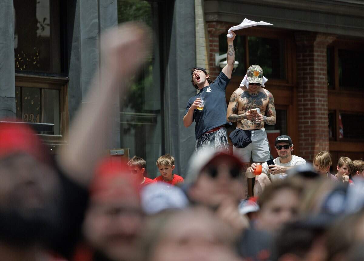 Carolina Hurricanes fans cheer during a rally honoring the team’s 2026 Stanley Cup victory on Saturday, June 20, 2026, in Raleigh, N.C.