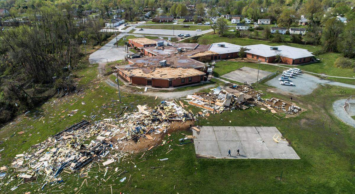 An aerial view of significant damage to W.M. Hampton Elementary School Monday, April 16, 2018.  Two storms, reported as tornadoes, toppled trees and ripped apart homes in Greensboro and Reidsville Sunday afternoon. Duke Energy crews were working Monday morning to restore electric service to more than 31,000 customers in central North Carolina counties.