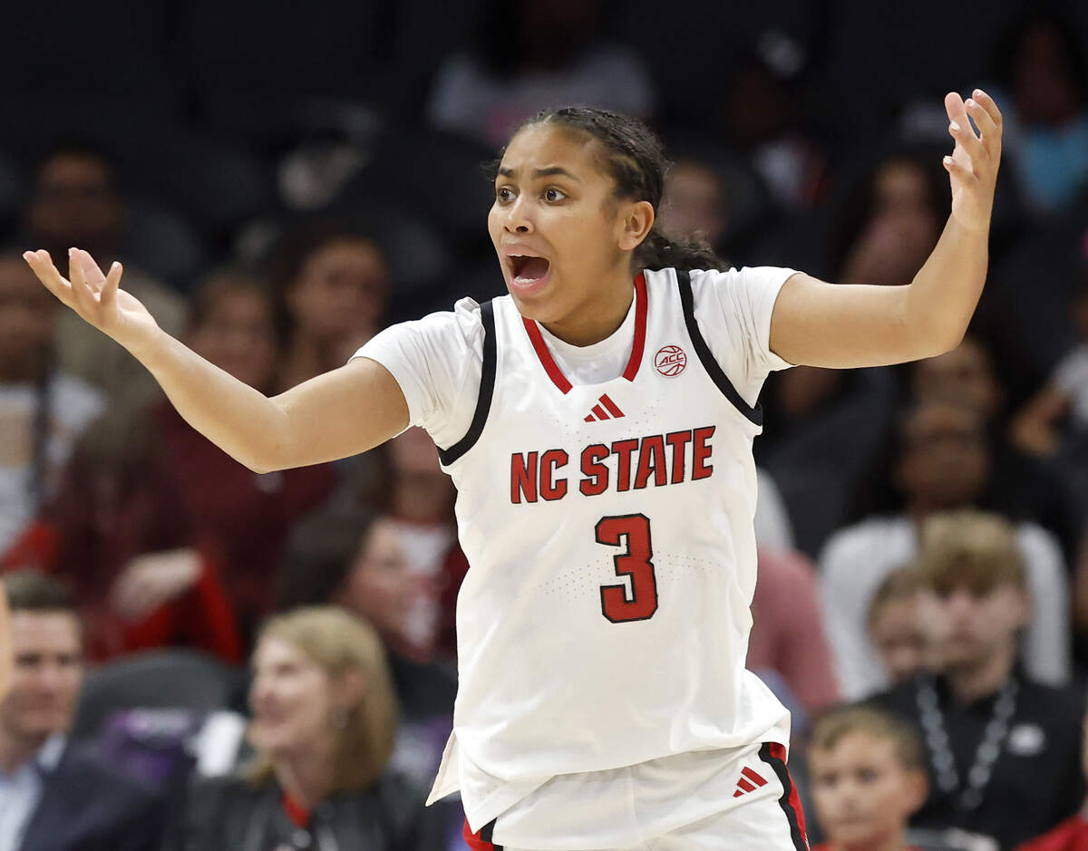 N.C. State’s Zamareya Jones reacts to a foul call during the second half of the Wolfpack’s 69-68 loss to Southern California in the Ally Tipoff game on Sunday, Nov. 9, 2025, at Spectrum Center in Charlotte, N.C.