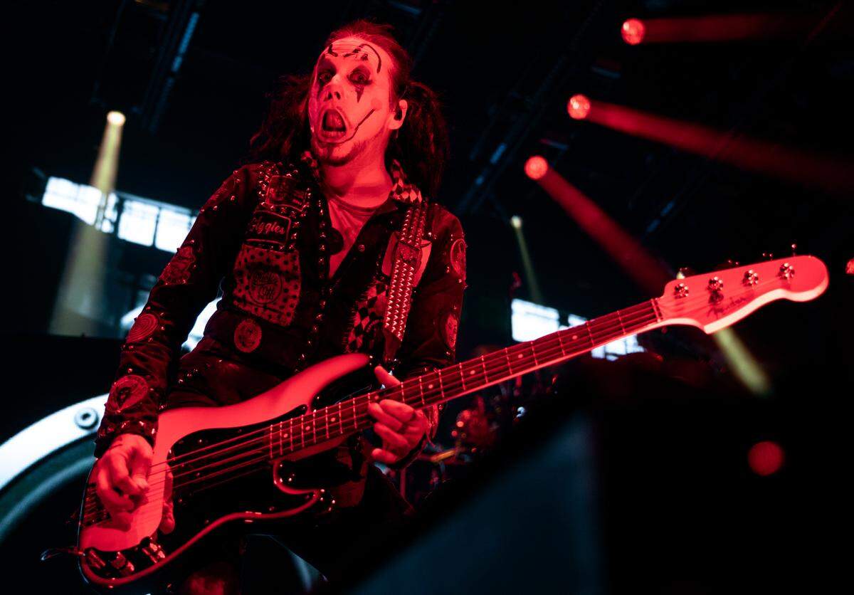Rob Zombie bass player Piggie D. performs at Raleigh, N.C.’s Coastal Credit Union Music Park at Walnut Creek, Tuesday night, Aug. 29, 2023.