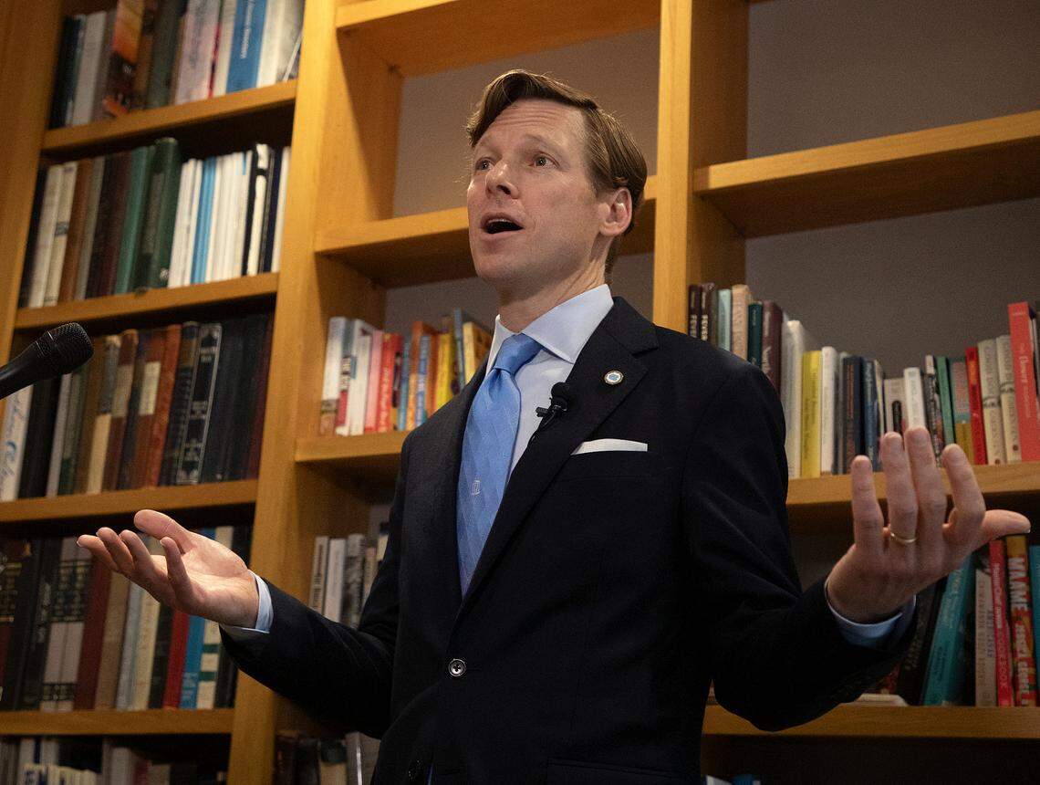 UNC-Chapel Hill Interim Chancellor Lee Roberts addresses the media prior to a closed session portion of a meeting of the board of trustees in Chapel Hill, N.C. on Thursday, May 16, 2024.