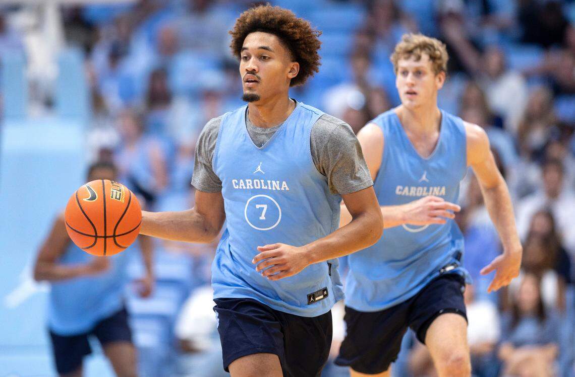 North Carolina’s Seth Trimble (7) brings the ball up court in the second half during the Tar Heels’ Blue vs. White scrimmage on Saturday, October 12, 2024 at the Smith Center in Chapel Hill, N.C.