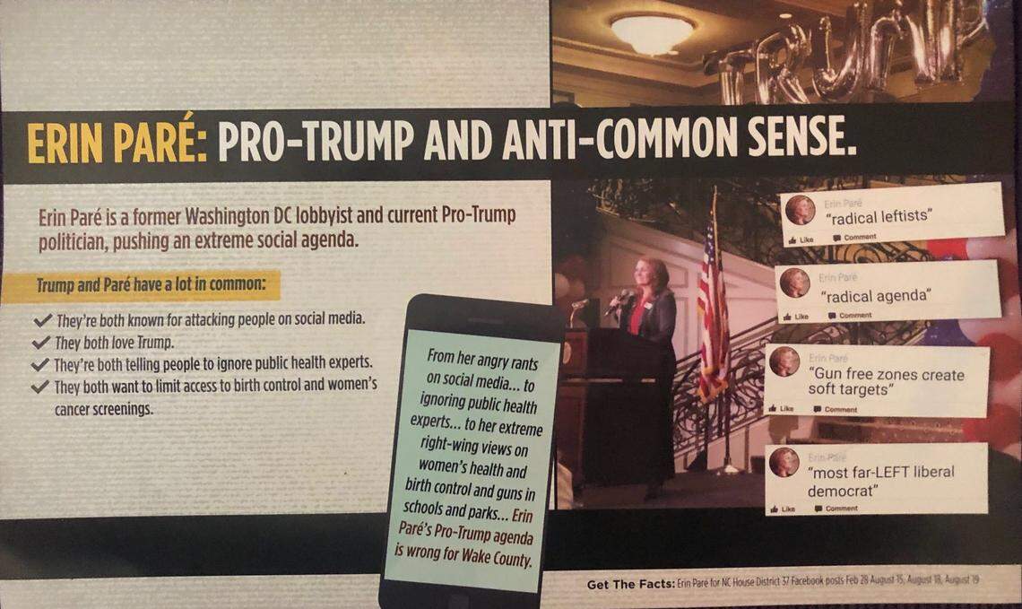 The backside of an ad mailed to voters in House District 37. The ad was paid for by the Democratic Party of North Carolina.