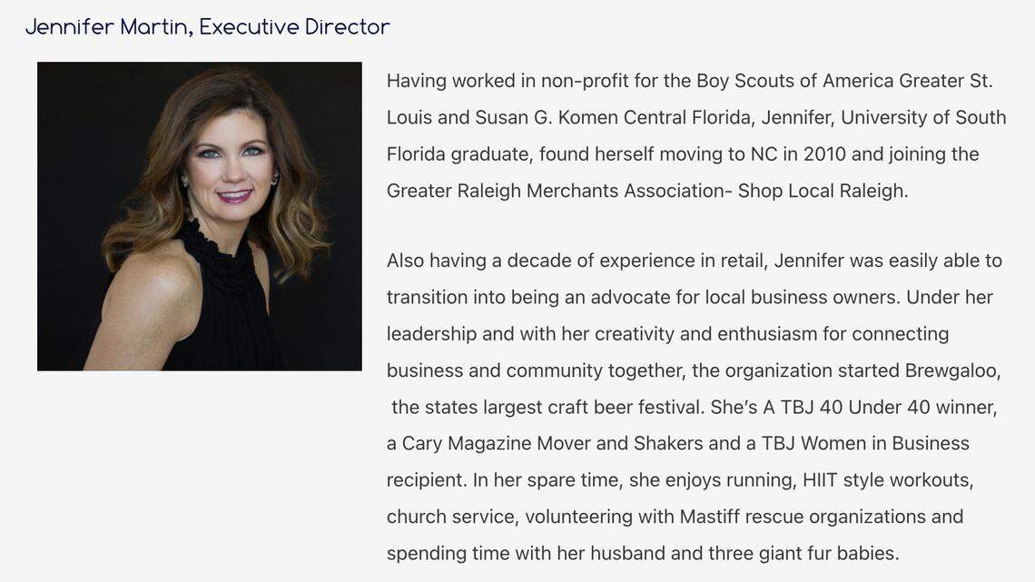 Shop Local Raleigh’s website shows Jennifer Martin as executive director of the organization.