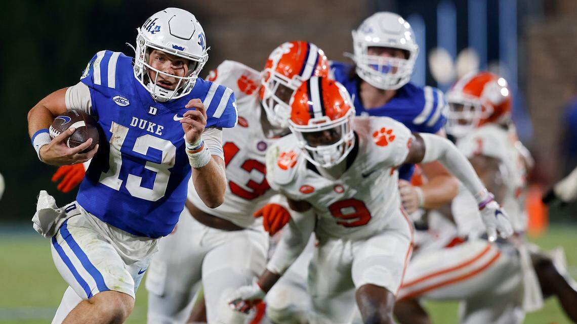 Duke’s Riley Leonard runs the ball for a touchdown during the second half of the Blue Devils’ 28-7 win over Clemson on Monday, Sept. 4, 2023, at Wallace Wade Stadium in Durham, N.C.