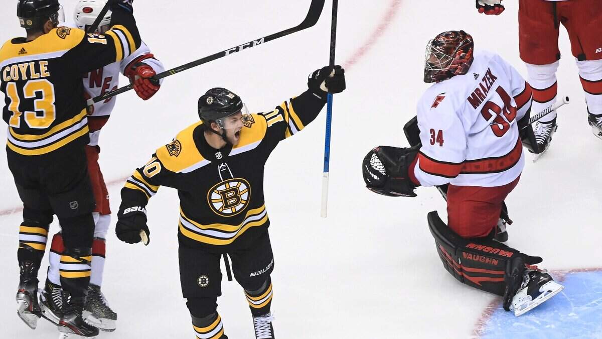 Boston Bruins left wing Anders Bjork (10) celebrates his teammates goal past Carolina Hurricanes goaltender Petr Mrazek (34) during the second period of an NHL hockey Eastern Conference Stanley Cup playoff game in Toronto, Wednesday, Aug. 12, 2020.