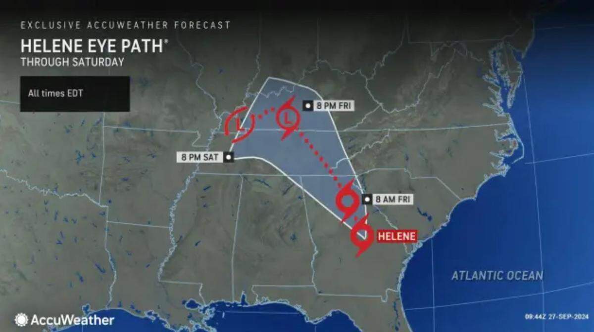 The predicted path of Helene shows the center of the storm passing over western North Carolina after 8 a.m. Friday, Sept. 27.
