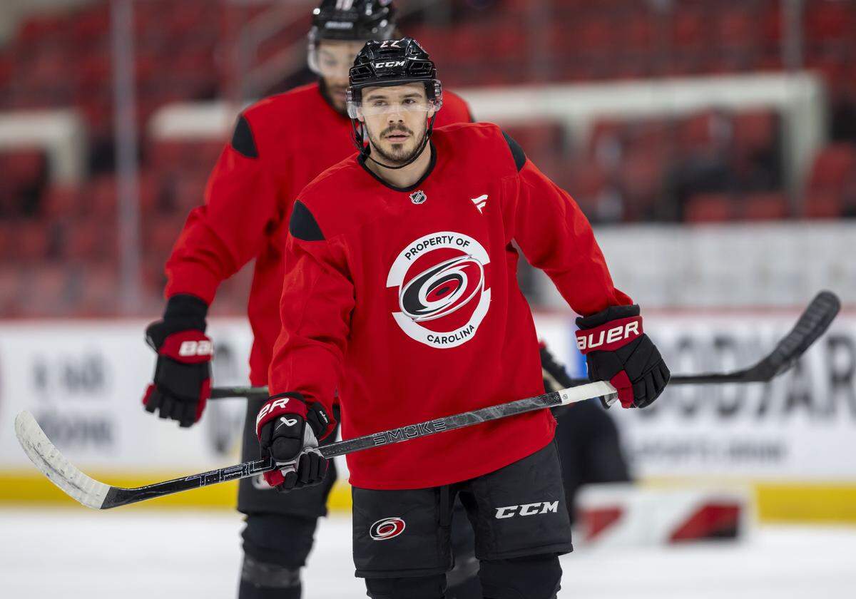 Carolina Hurricanes center Logan Stankoven (22) skates with his teammates during practice on Friday, May 15, 2026 at Lenovo Center in Raleigh, N.C.
