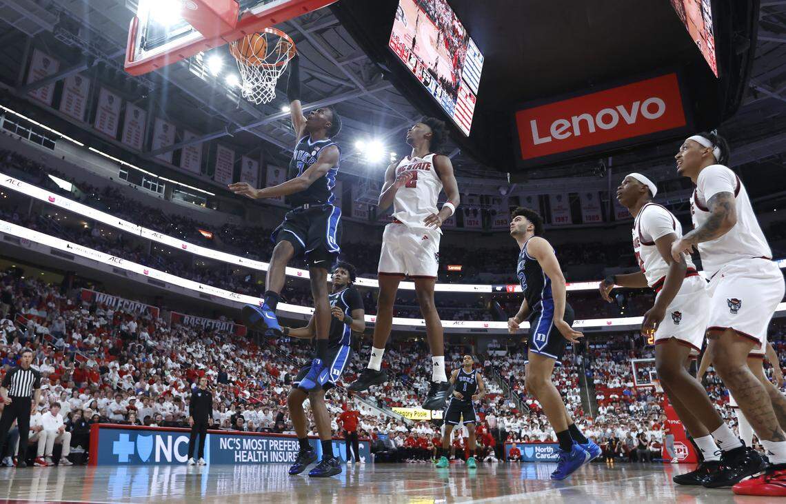 Duke’s Dame Sarr (7) slams in two during Duke’s 93-64 victory over N.C. State at the Lenovo Center in Raleigh, N.C., Monday, March 2, 2026.