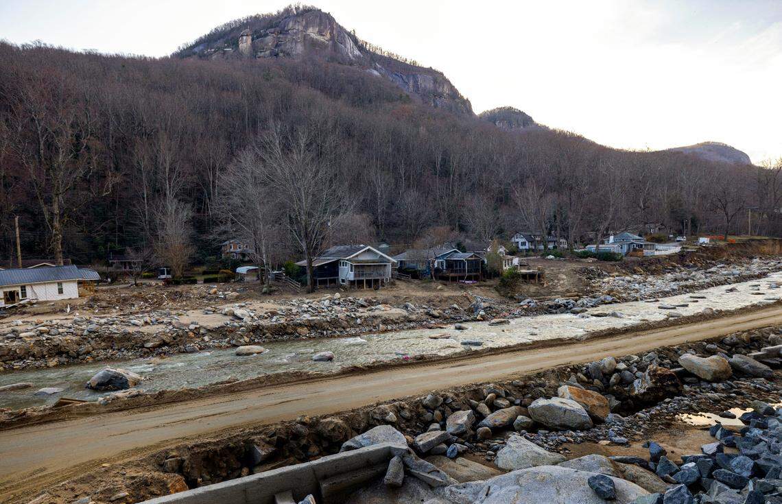 A temporary road runs through Chimney Rock, N.C. December 18, 2024. The Rocky Broad River, which flooded the village of Chimney Rock, caused catastrophic damage.
