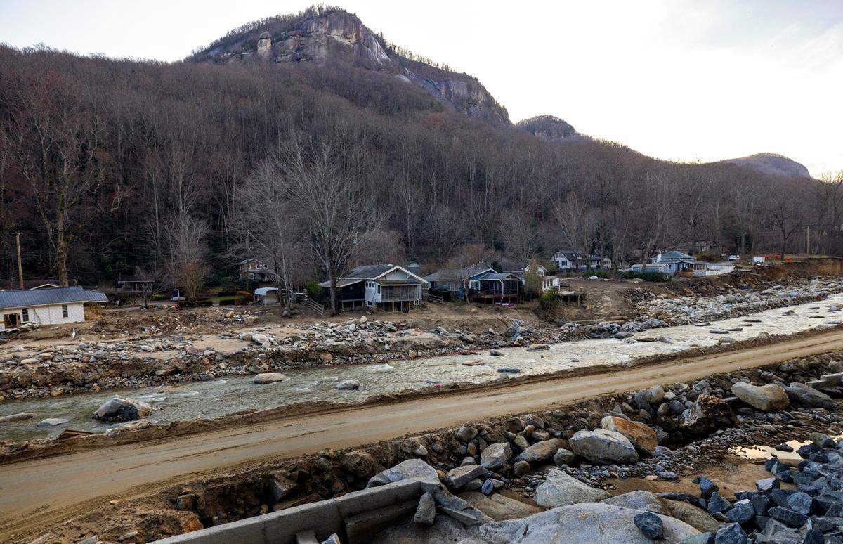 A temporary road runs through Chimney Rock, N.C., on Dec. 18, 2024. The Rocky Broad River, which flooded the village of Chimney Rock, caused catastrophic damage to U.S. 64.