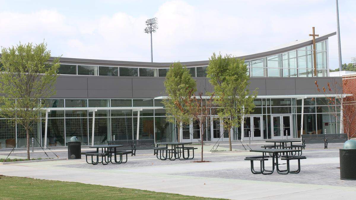 The entrance to Cardinal Gibbons High School in Raleigh, N.C. The school is at full capacity so the Roman Catholic Diocese of Raleigh announced it will open another high school in 2028 in Cary.