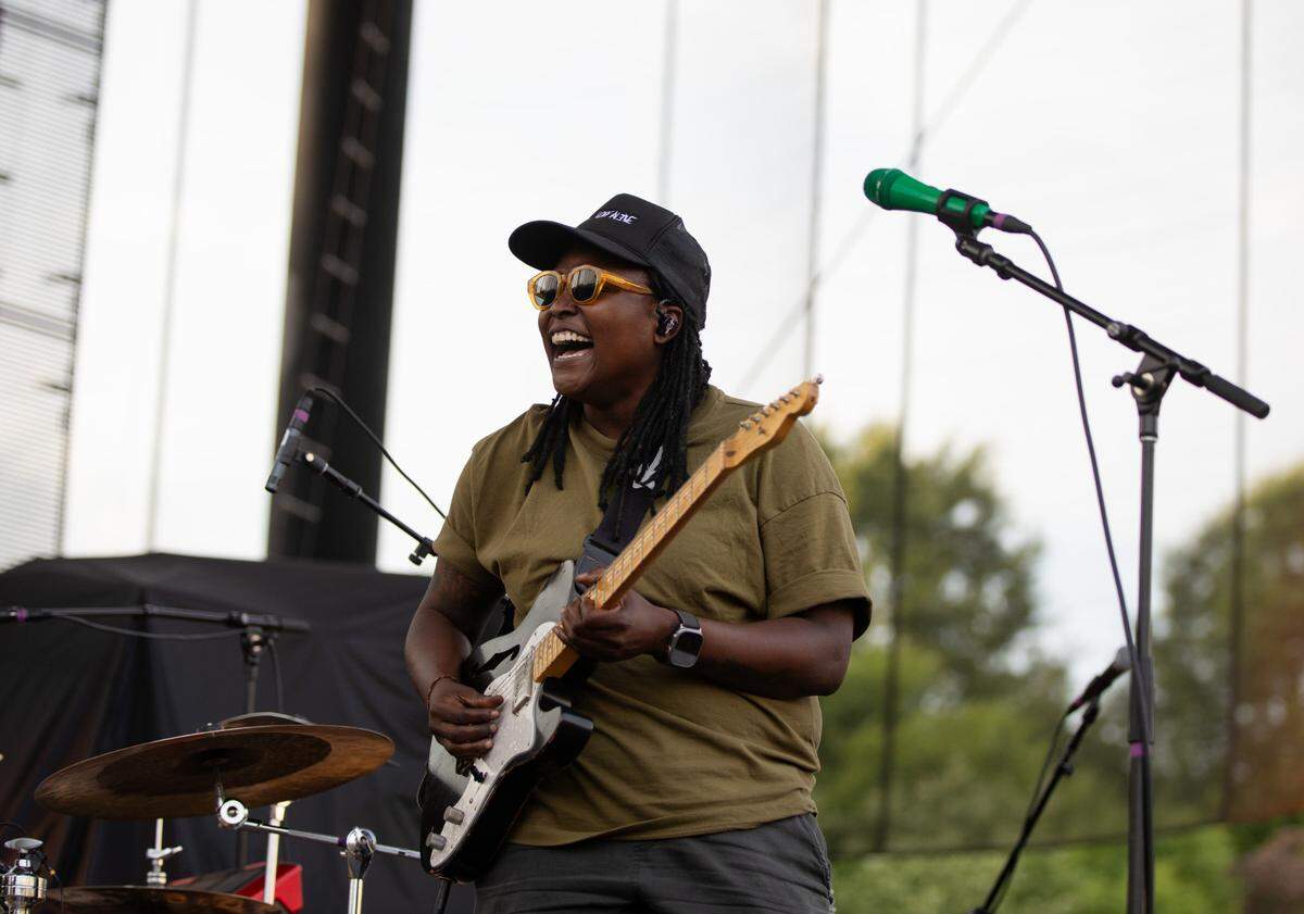Joy Oladokun opens for Noah Kahan’s “Stick Season Tour” in front of a sellout crowd at Red Hat Amphitheater in Raleigh, N.C. on Wednesday, June 14, 2023.