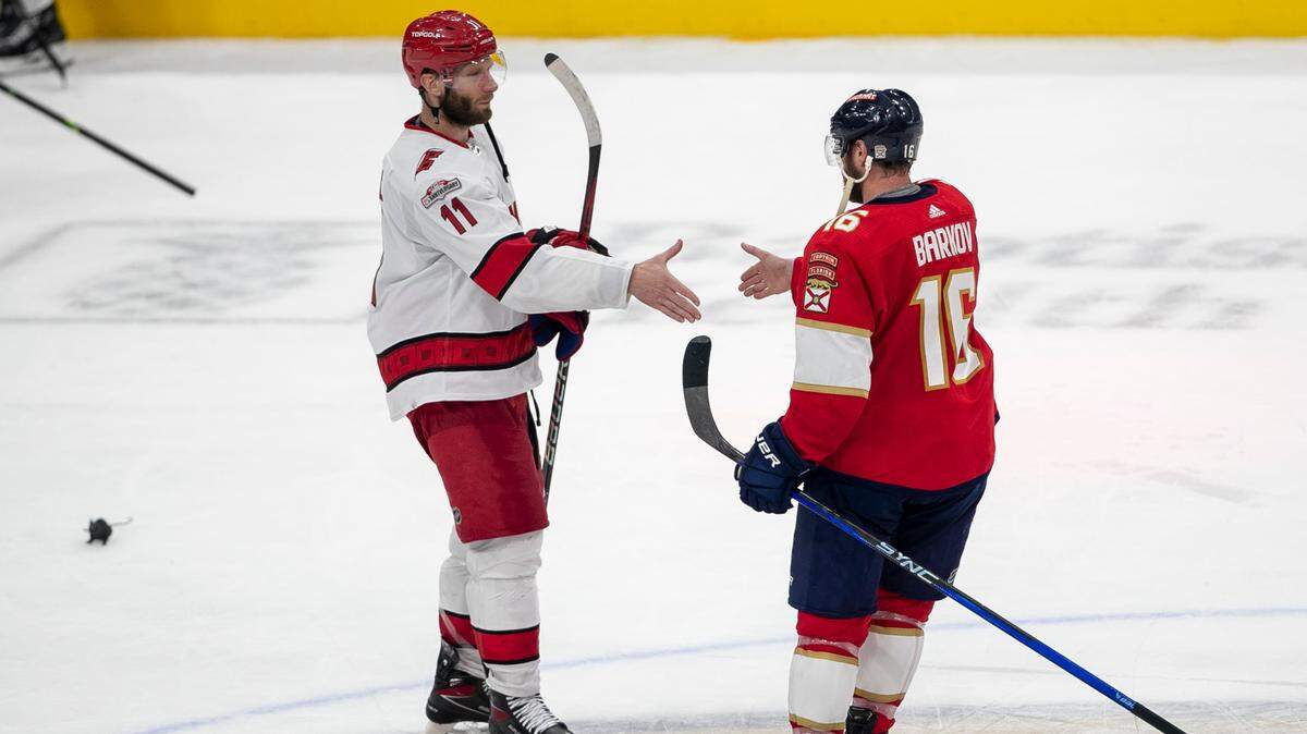 The Carolina Hurricanes Jordan Staal (11) begins the handshake line by congratulating the Florida Panthers Aleksander Barkov (16) following the Panthers’ 4-3 victory, clinching the Eastern Conference Finals, on Wednesday, May 24, 2023 at FLA Live Arena in Sunrise, Fla.