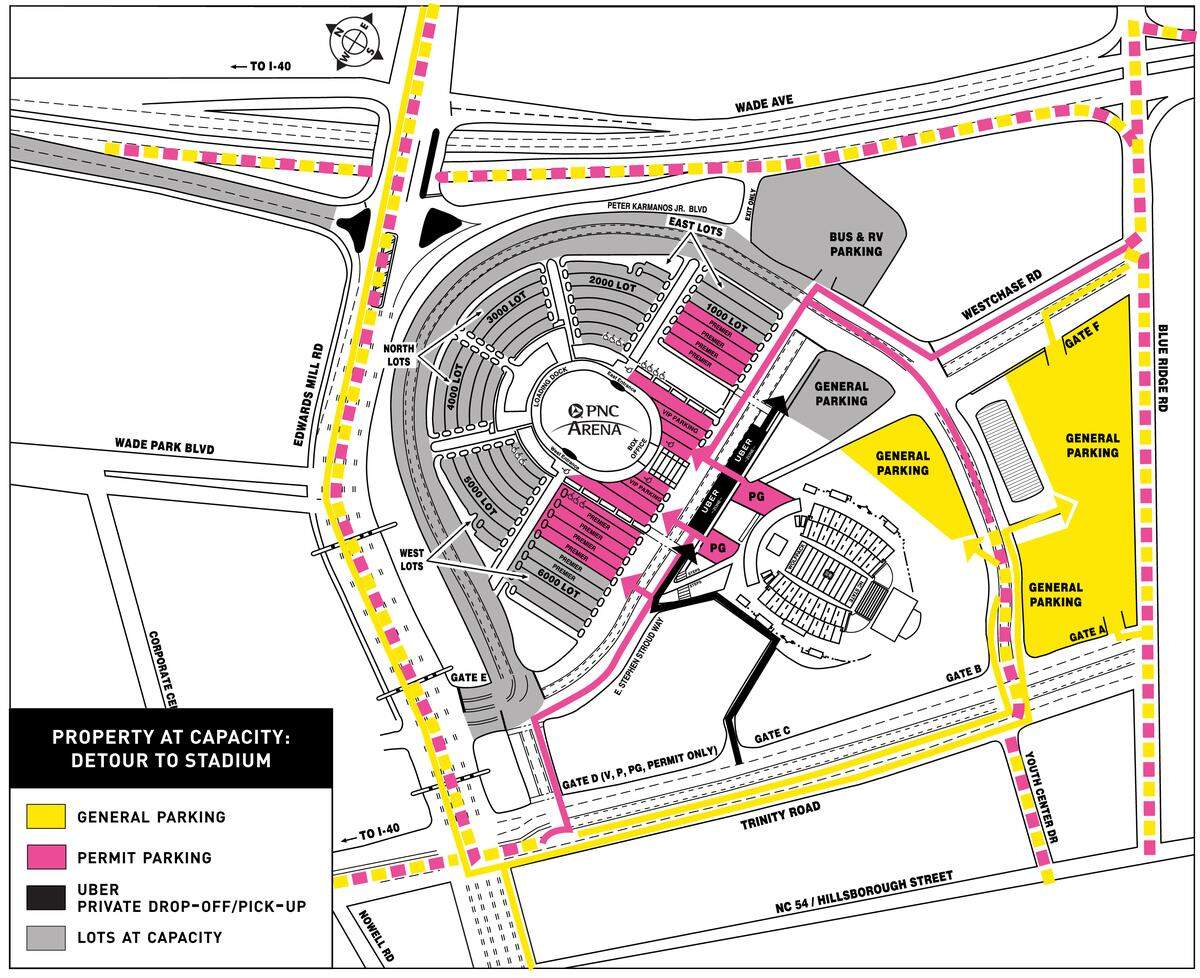 The PNC Arena parking map, and traffic flow, for when the Edwards Mill Rd. entrance is closed. After 6 p.m. on Monday, police were directing fans to the Blue Ridge Rd. and Trinity Rd. parking lot entrances.