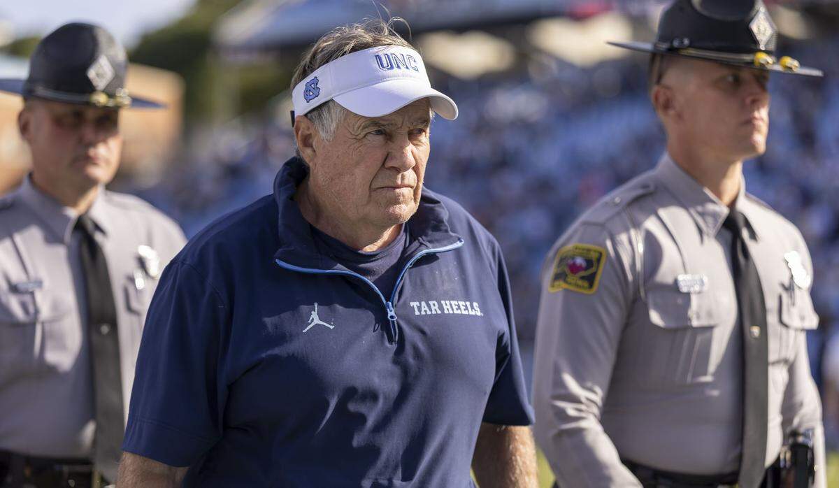 North Carolina coach Bill Belichick leaves the field following the Tar Heels’ 17-16 loss to Virginia in overtime on Saturday, October 25, 2025 at Kenan Stadium in Chapel Hill, N.C. 