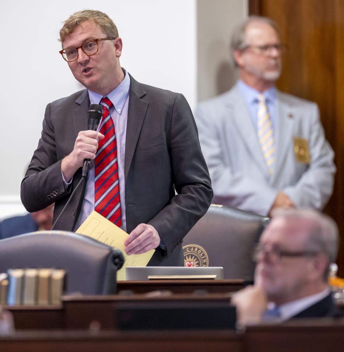 Sen. Benton Sawrey of Johnston County speaks on House Bill 696 before its passage in the Senate, on Wednesday, April 22, 2026 in Raleigh, N.C.