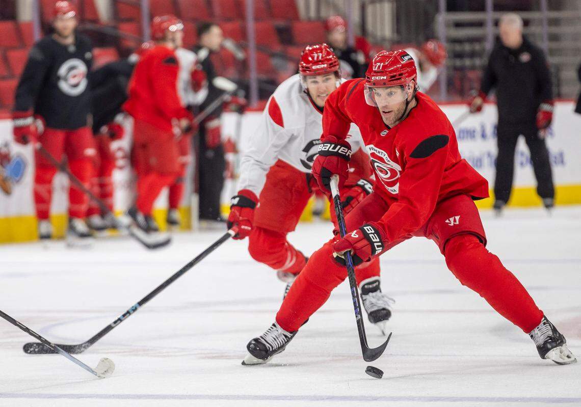 Carolina Hurricanes left wing Taylor Hall (71) moves the puck during practice as they prepare for their Stanley Cup series against the Washington Capitals on Friday, May 2, 2025 at Lenovo Center in Raleigh, N.C.