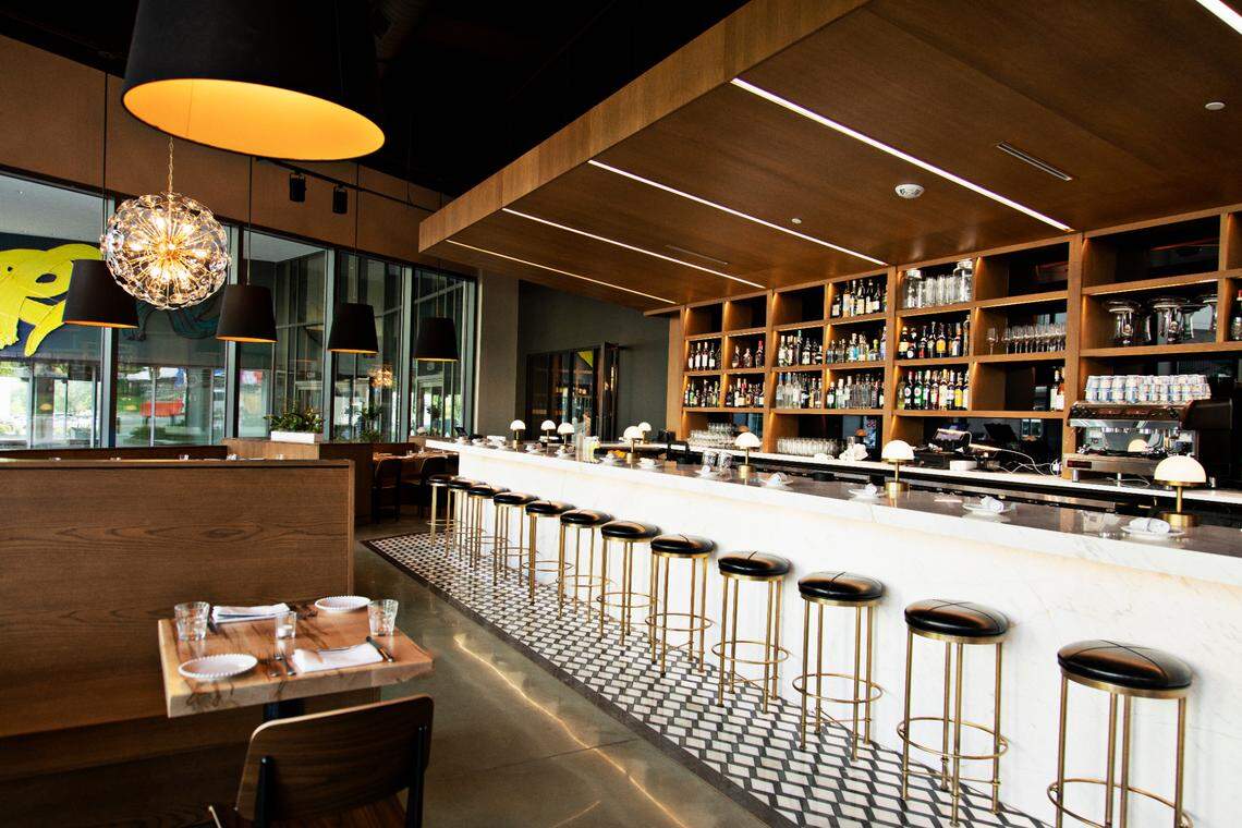 The handsome marble bar inside Cucciolo Terrazza in Raleigh’s North Hills.