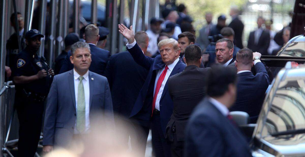 Former US President Donald Trump arrives at Manhattan Criminal Court in New York City Tuesday, April 4, 2023.