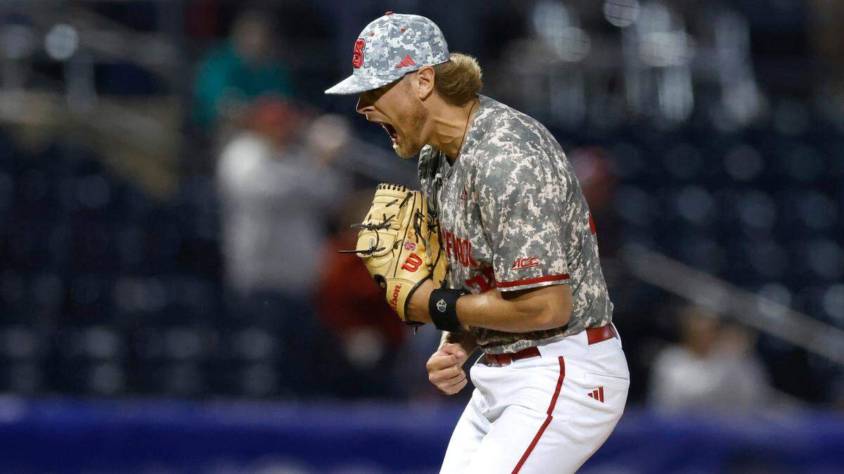 N.C. State pitcher Logan Whitaker (29) celebrates striking out Duke’s Tyler Albright to end the game giving the Wolfpack’s 8-7 victory over Duke in 11 innings during their game in the ACC Baseball Championship at the Durham Bulls Athletic Park in Durham, N.C., Tuesday, May 23, 2023.