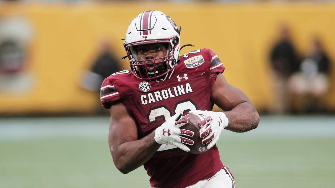 South Carolina Gamecocks running back Kevin Harris (20) plays North Carolina at the Duke’s Mayo Bowl at Bank of America Stadium in Charlotte, North Carolina on Thursday, December 30, 2021.