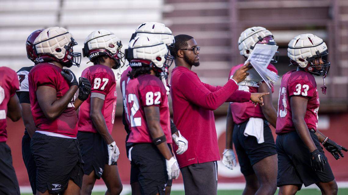 NC Central’s football team practices at O’Kelly-Riddick Stadium on Thursday, Sept. 5,,2024.