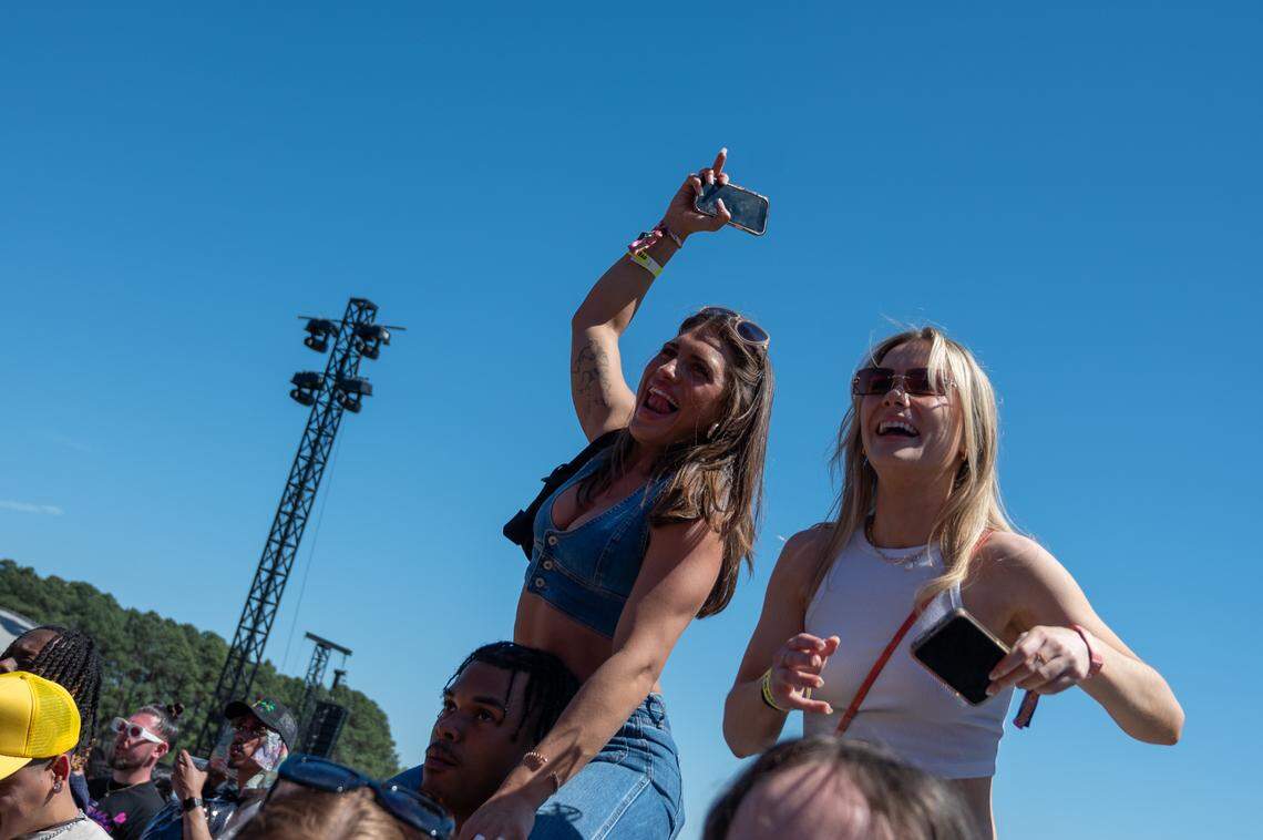 Fans cheer during Hunxho’s performance at the second day of the Dreamville music festival at Dix Park in Raleigh, N.C. on Sunday, April 7, 2024.
