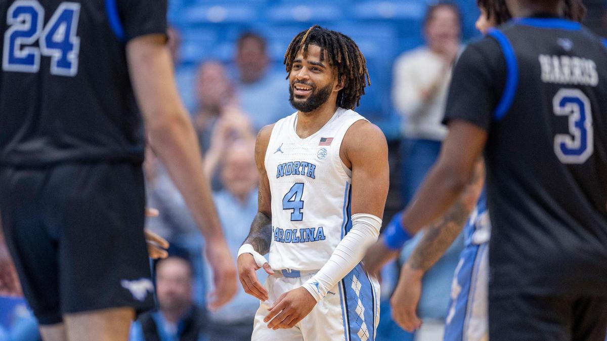 North Carolina guard R.J. Davis (4) reacts after scoring his final basket, a three-point shot, in the final minutes of the Tar Heels’ 82-67 victory over SMU on Tuesday, January 7, 2025 in Chapel Hill, N.C. Davis lead all scores with 26 points.