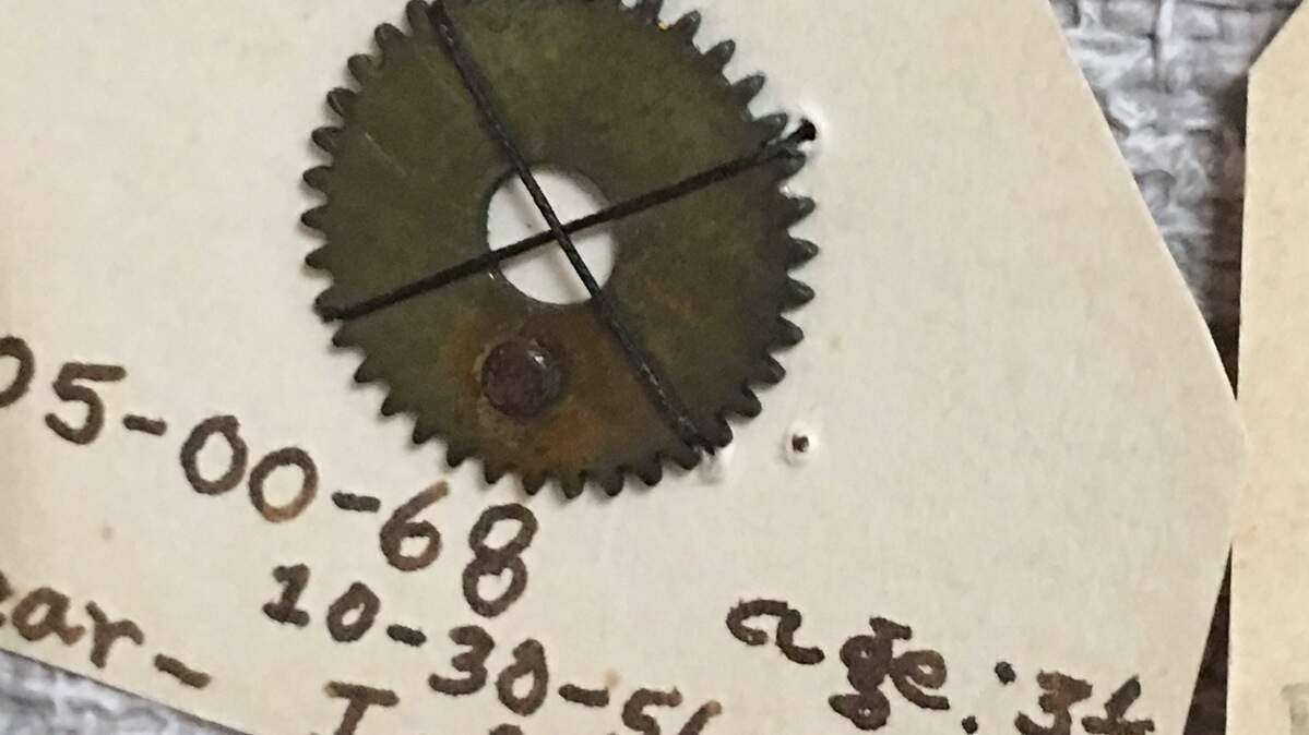 A gear taken from a child's toy accidentally swallowed in 1956, one of an extensive collection of extracted foreign objects kept at UNC Hospitals in Chapel Hill.