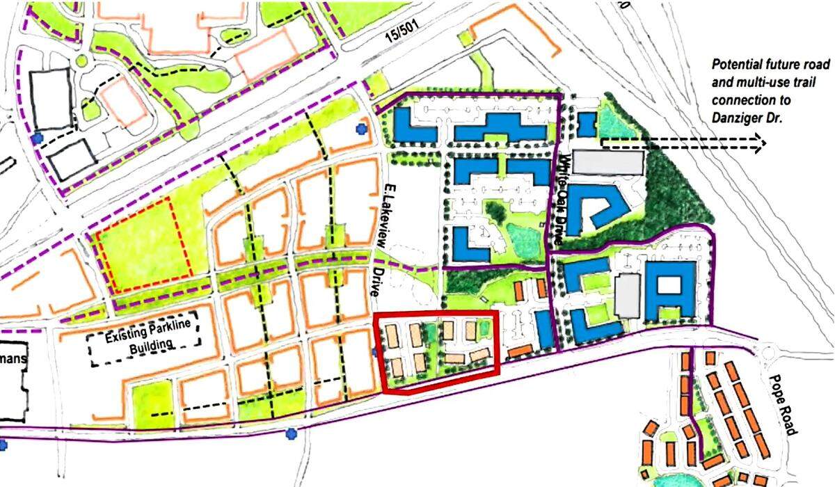 Four residential projects have been approved for over 50 acres in Parkline Village East, a district that the town of Chapel Hill created to pilot its Complete Community strategy. East Lakeview is located inside the red square.