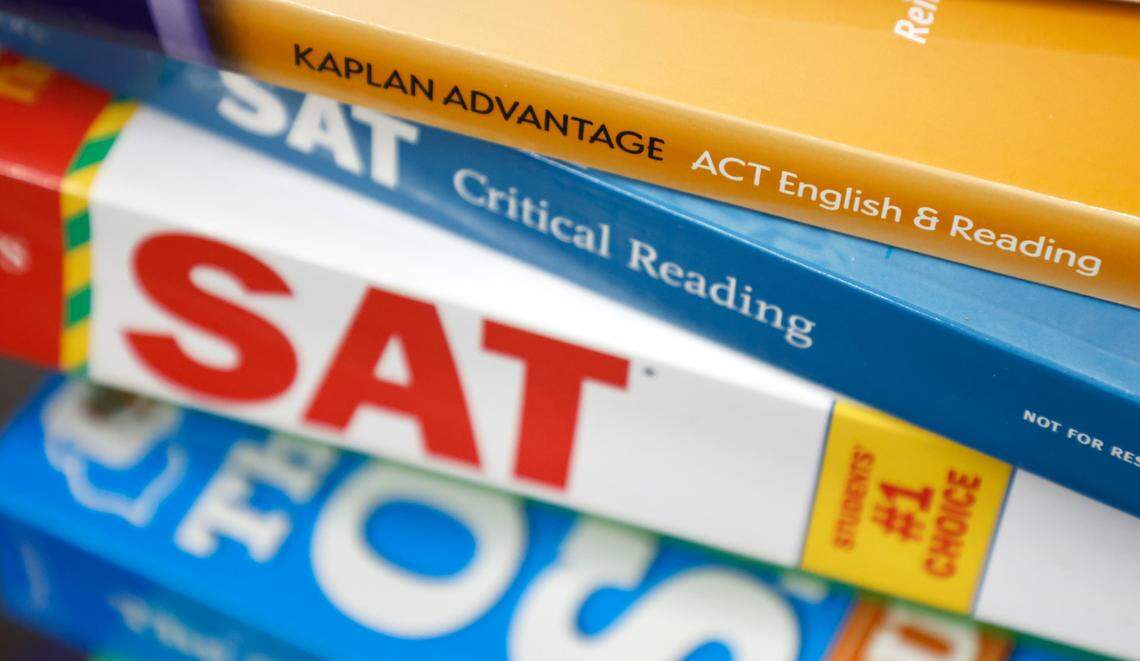 Some of the test prep books at Hillside High School in Durham, N.C. Photographed Thursday, April 28, 2022.