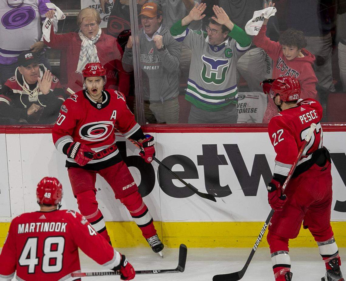 The Carolina Hurricanes Sebastian Aho (20) reacts after scoring in the third period to cut the New York Islanders lead during Game 5 of their Stanley Cup series on Tuesday, April 25, 2023 at PNC Arena in Raleigh, N.C. The Hurricanes fell 3-2 to the Islanders.