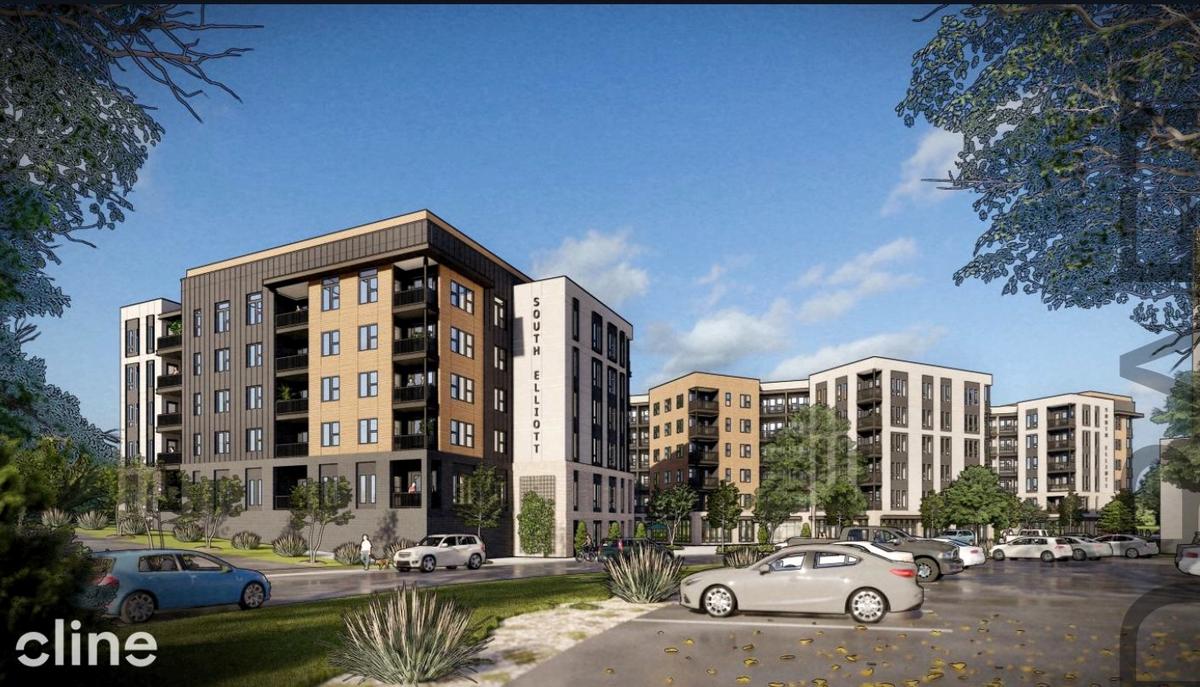 A view of Aura South Elliott looking west shows how the development would create a more pedestrian-focused landscape at 200 S. Elliott Road. The existing building sits atop a hill, roughly 8 to 10 feet above the street level.