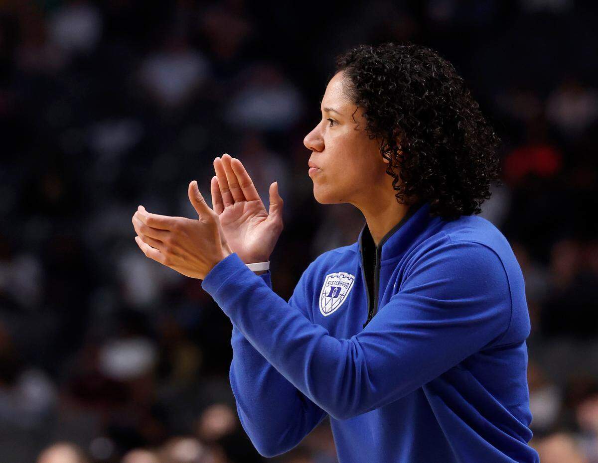 Duke head coach Kara Lawson reacts during the first half of the Blue Devils’ 47-38 win over North Carolina in the Birmingham Regional of the NCAA Tournament at Legacy Arena on Friday, March 28, 2025 in Birmingham, Ala.