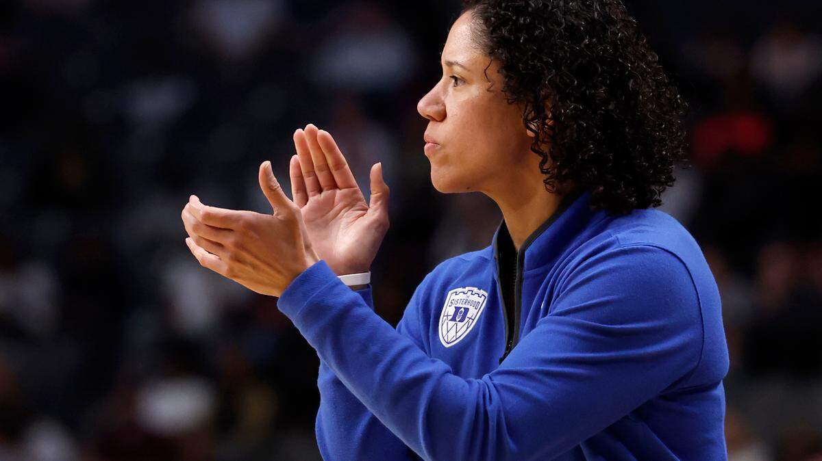 Duke head coach Kara Lawson reacts during the first half of the Blue Devils’ 47-38 win over North Carolina in the Birmingham Regional of the NCAA Tournament at Legacy Arena on Friday, March 28, 2025 in Birmingham, Ala.