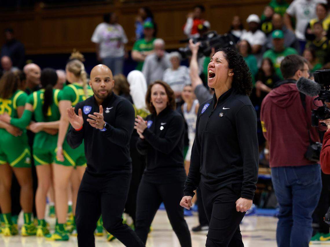 Duke head coach Kara Lawson reacts following the Blue Devils’ 59-53 win over Oregon in the second round of the NCAA Tournament on Sunday, March 23, 2025, at Cameron Indoor Stadium in Durham, N.C.