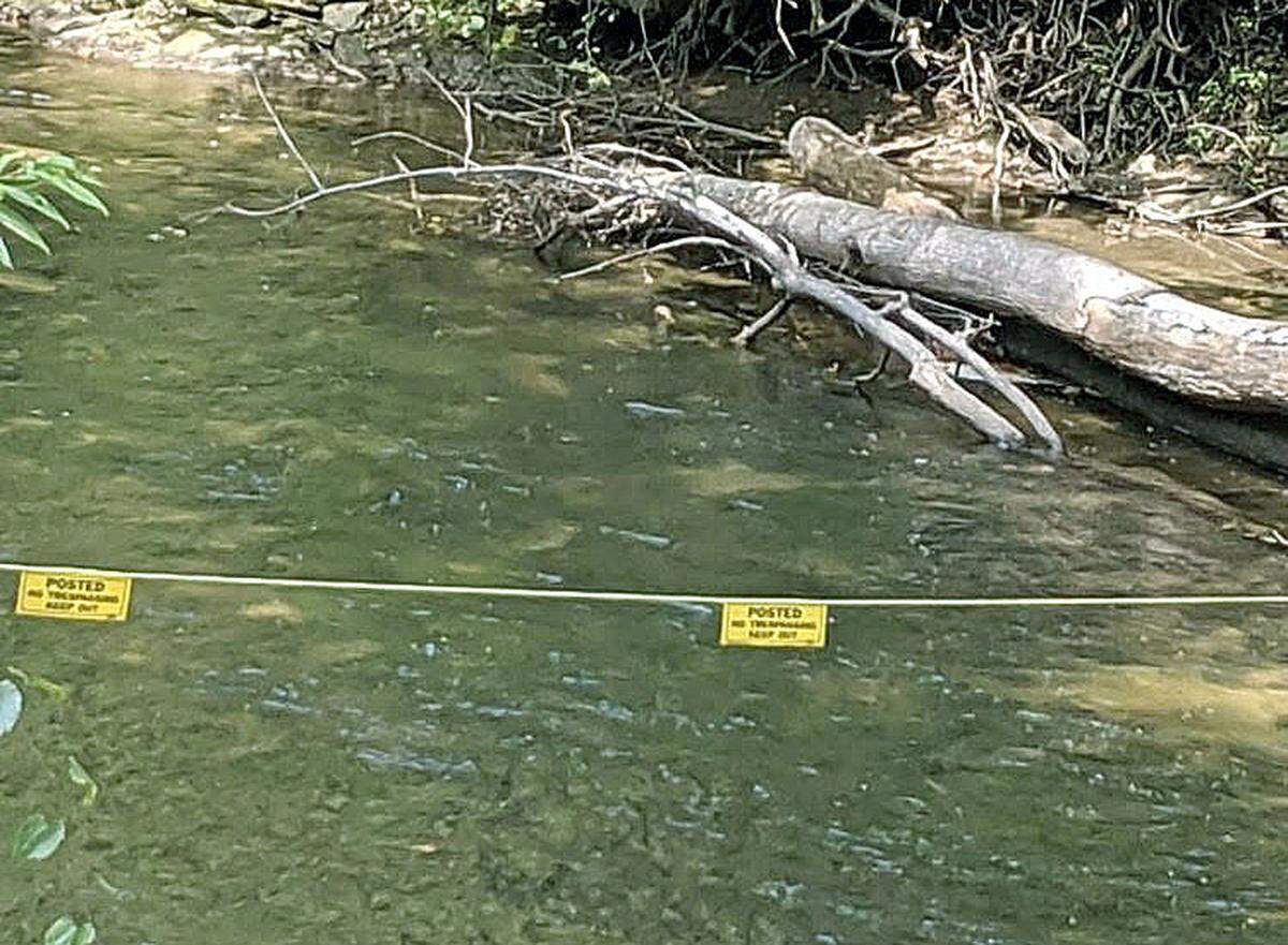 A rope with a “no-trespassing” warning blocks boater access along the North Mills River in Henderson County. The rope has been removed since this photo was taken.