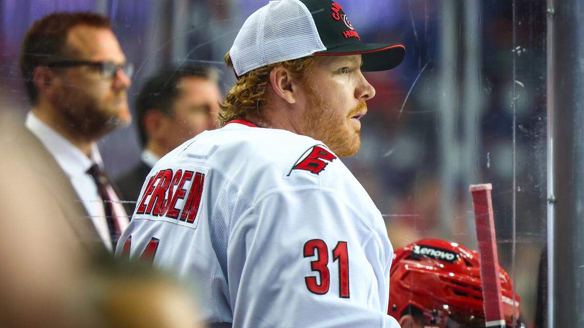 Carolina Hurricanes goaltender Frederik Andersen (31) on his bench against the Calgary Flames during the third period at Scotiabank Saddledome.