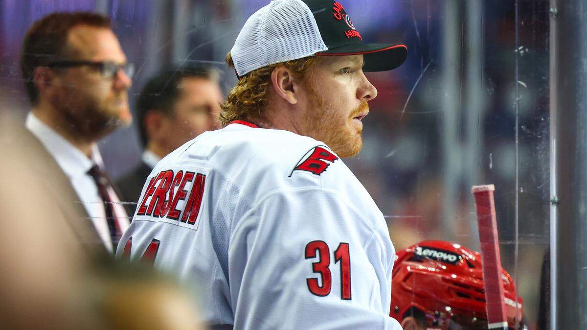 Carolina Hurricanes goaltender Frederik Andersen (31) on his bench against the Calgary Flames during the third period at Scotiabank Saddledome.