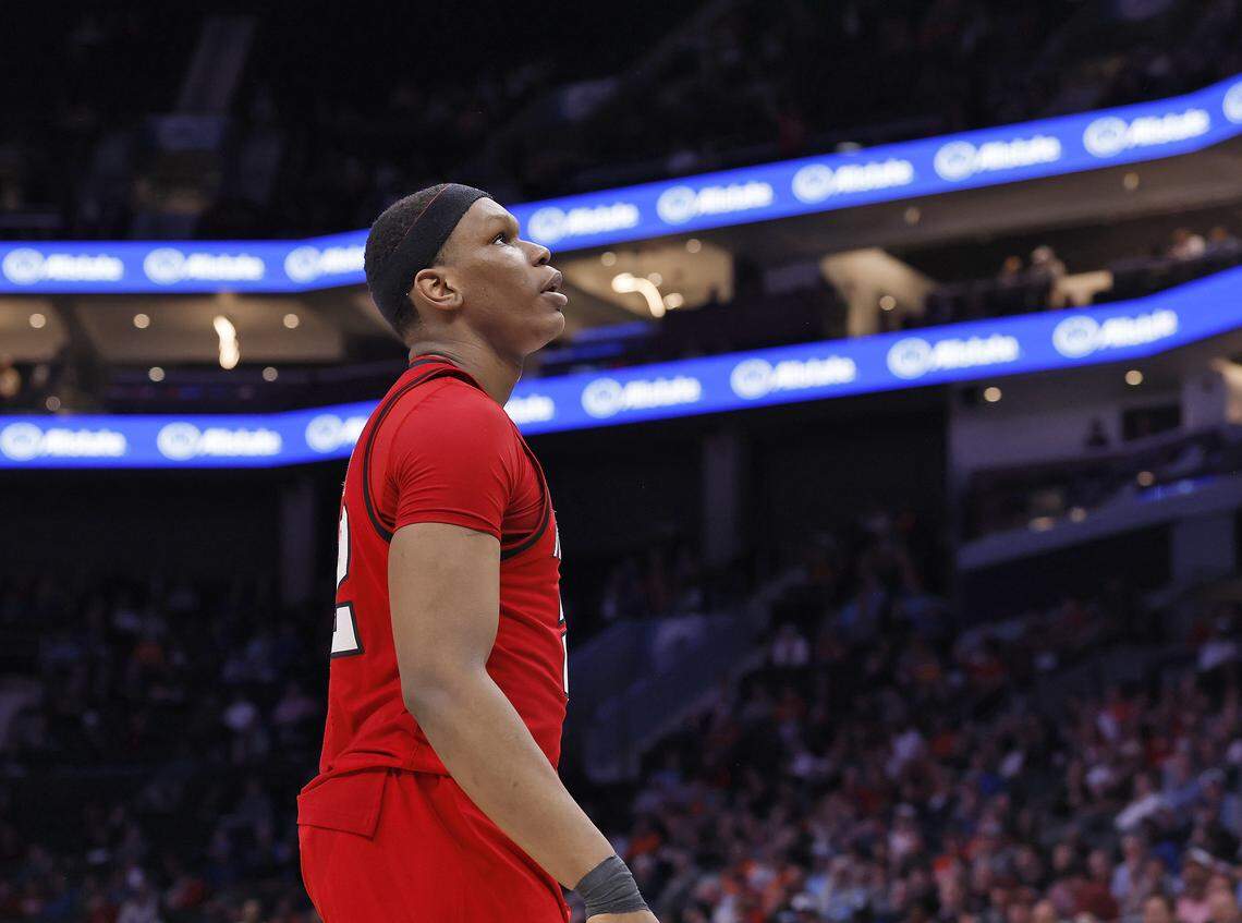 N.C. State's Ven-Allen Lubin reacts after being charged with a foul during the second half of the Wolfpack’s 81-74 loss to Virginia in the ACC Tournament quarterfinals on Thursday, March 12, 2026, at the Spectrum Center in Charlotte, N.C. 