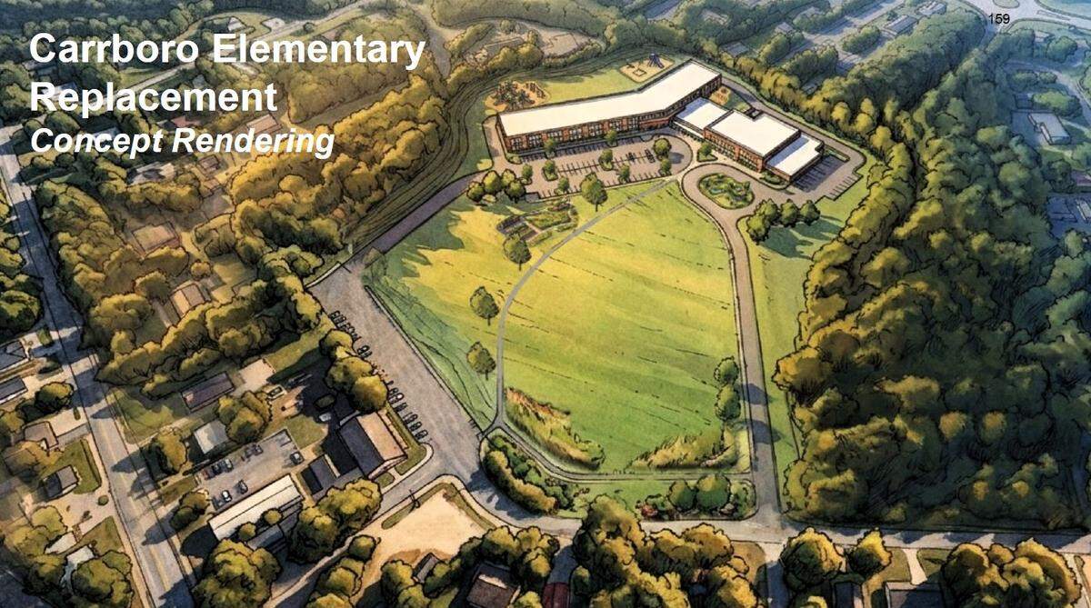 A draft plan for the new Carrboro Elementary School shows a two-story building on 20 acres, a portion of which now serves as a play field. The existing school will become a community space and play field in front of the building.
