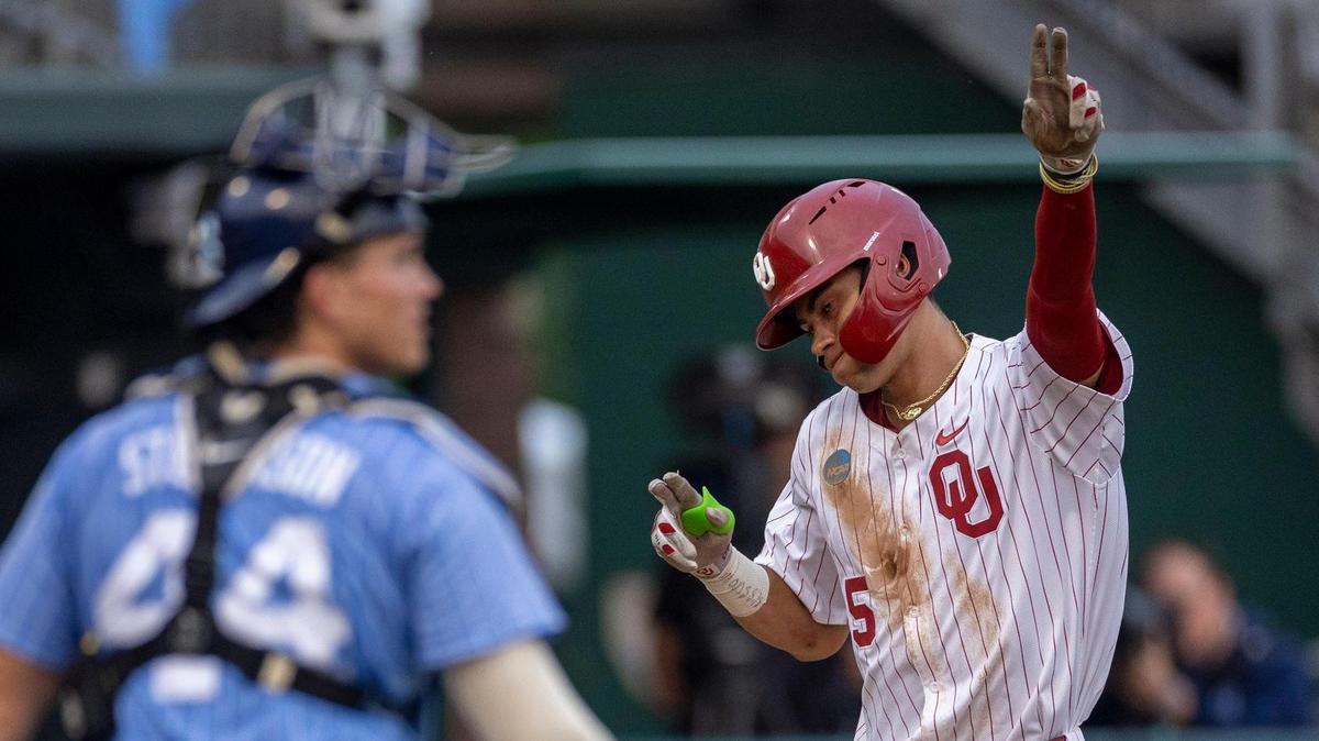 Oklahoma third baseman Dawson Willis (5) reacts as he heads to home after connecting for a home run in the third inning to give the Sooners’ a 1-0 lead over North Carolina during Game 6 of the NCAA Chapel Hill Regional on Sunday, June 1, 2025 at Boshamer Stadium in Chapel Hill, N.C.