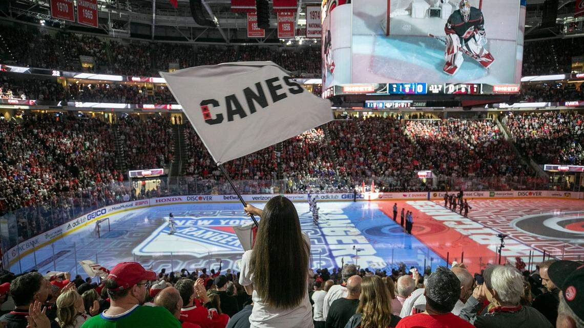 Carolina Hurricanes fans welcome the team to the ice for game two of their Stanley Cup series against the New York Rangers on Friday, May 20, 2022 during game two of the Stanley Cup second round at PNC Arena in Raleigh, N.C.