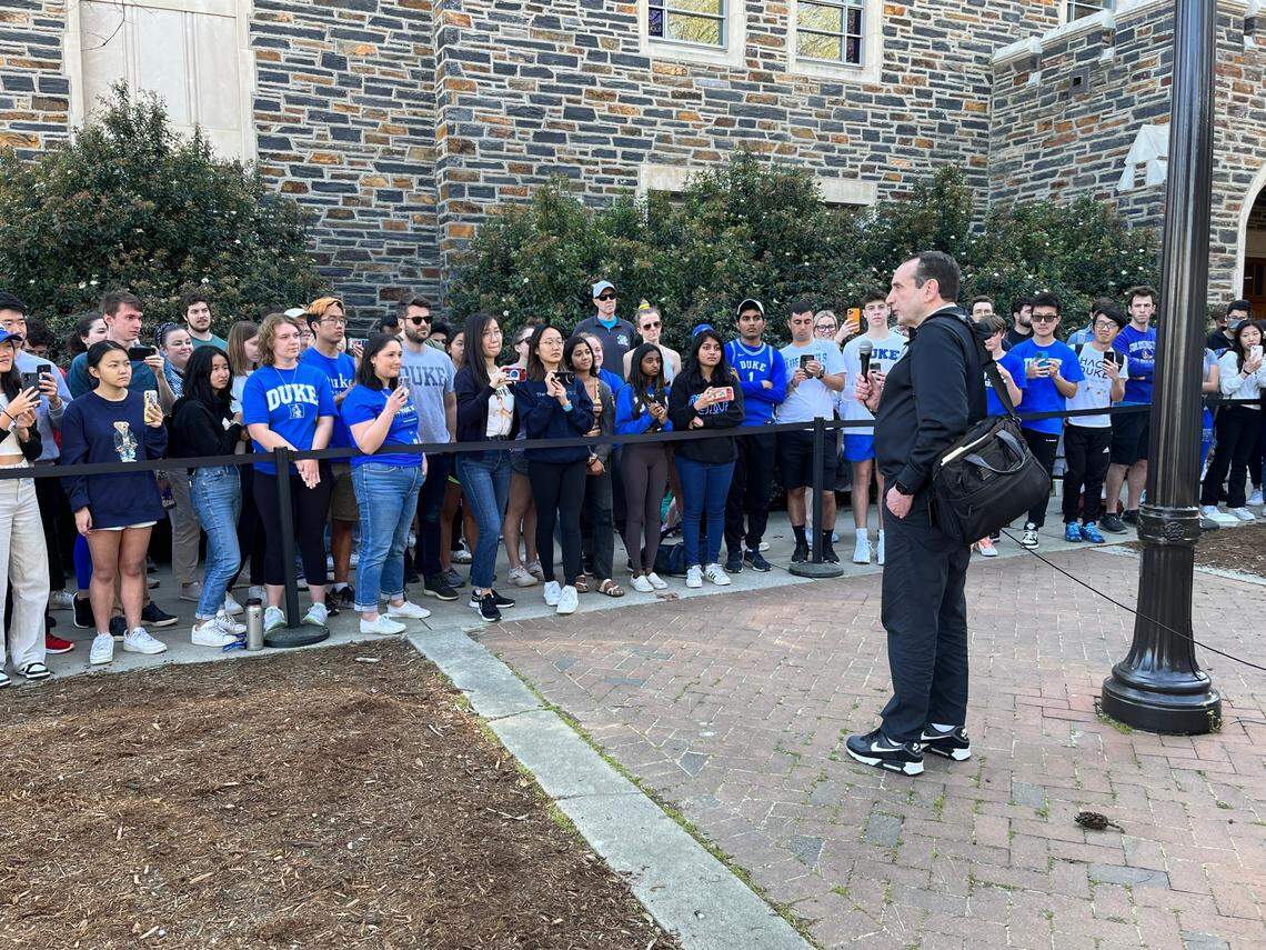 Retiring Duke men’s basketball coach Mike Krzyzewski addresses fans outside Cameron Indoor Stadium on Sunday, April 3, 2022, after the Blue Devils returned to campus following their Final Four loss to UNC the night before.