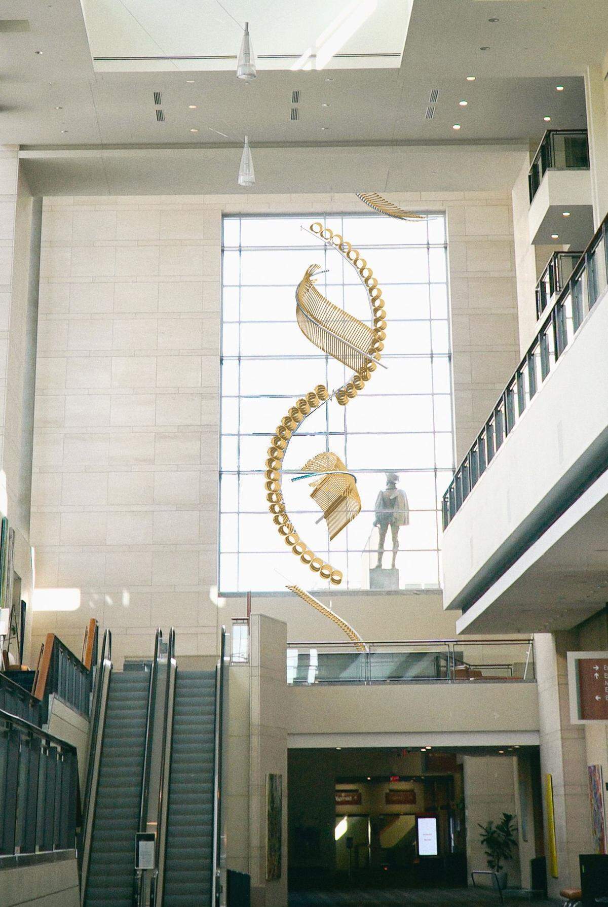 Artist conception of “Flying Feathers,” a mobile made of parts from the reconfigured Banjostand, which will hang inside the Raleigh Convention Center year-round after this year’s bluegrass week.